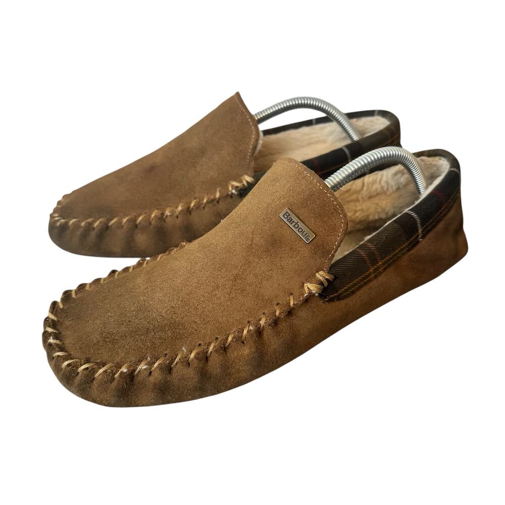 Barbour Men's Monty moccasin slippers tan suede tartan trim shearling lining